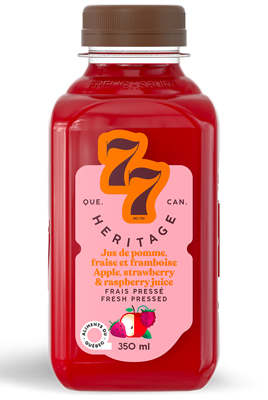 A bottle of Héritage 77 juice (350 ml) in apple, strawberry, and raspberry flavor, featuring a fresh fruit blend in a clear, labeled bottle.
