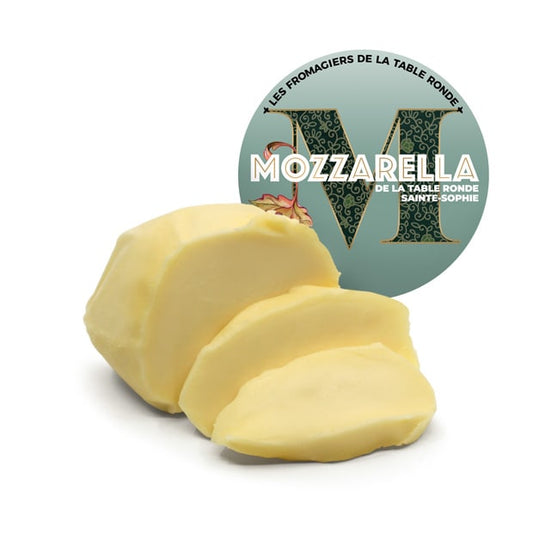 A container of Les Fromagers de la Table Ronde mozzarella, featuring fresh white mozzarella with a soft, creamy texture in liquid.