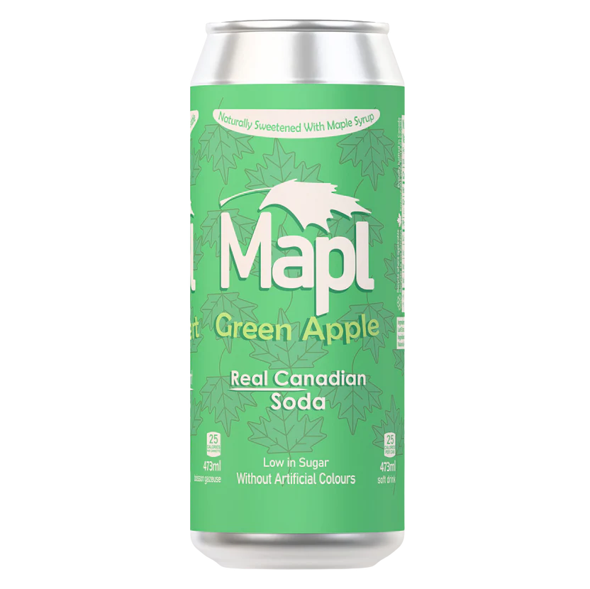 A can of MAPL SODA green apple soft drink, maple-sweetened with a crisp, refreshing apple flavor.