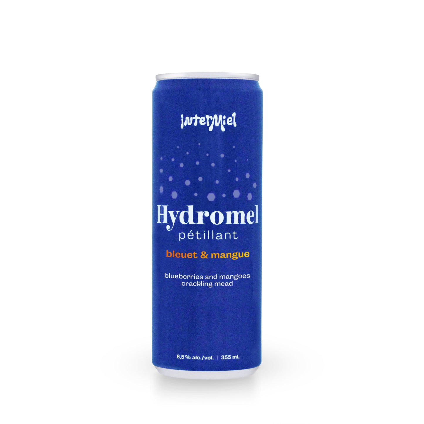 A can of Intermiel sparkling mead with blueberry (bleuet) and mango, showcasing a vibrant, effervescent honey wine with tropical and berry flavors.
