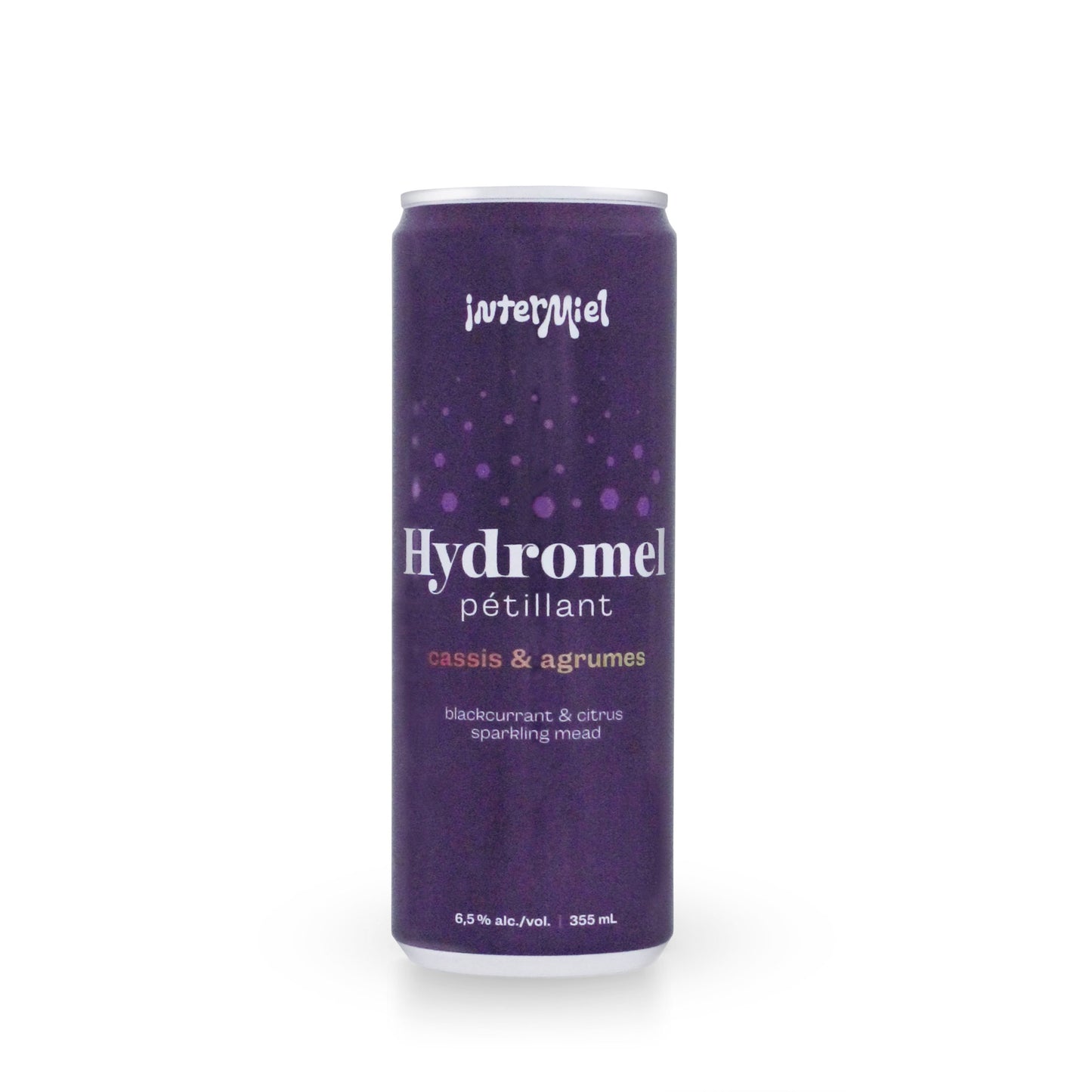 A can of Intermiel sparkling mead with cassis and citrus (agrumes), featuring a light, bubbly honey-based drink with fruity notes