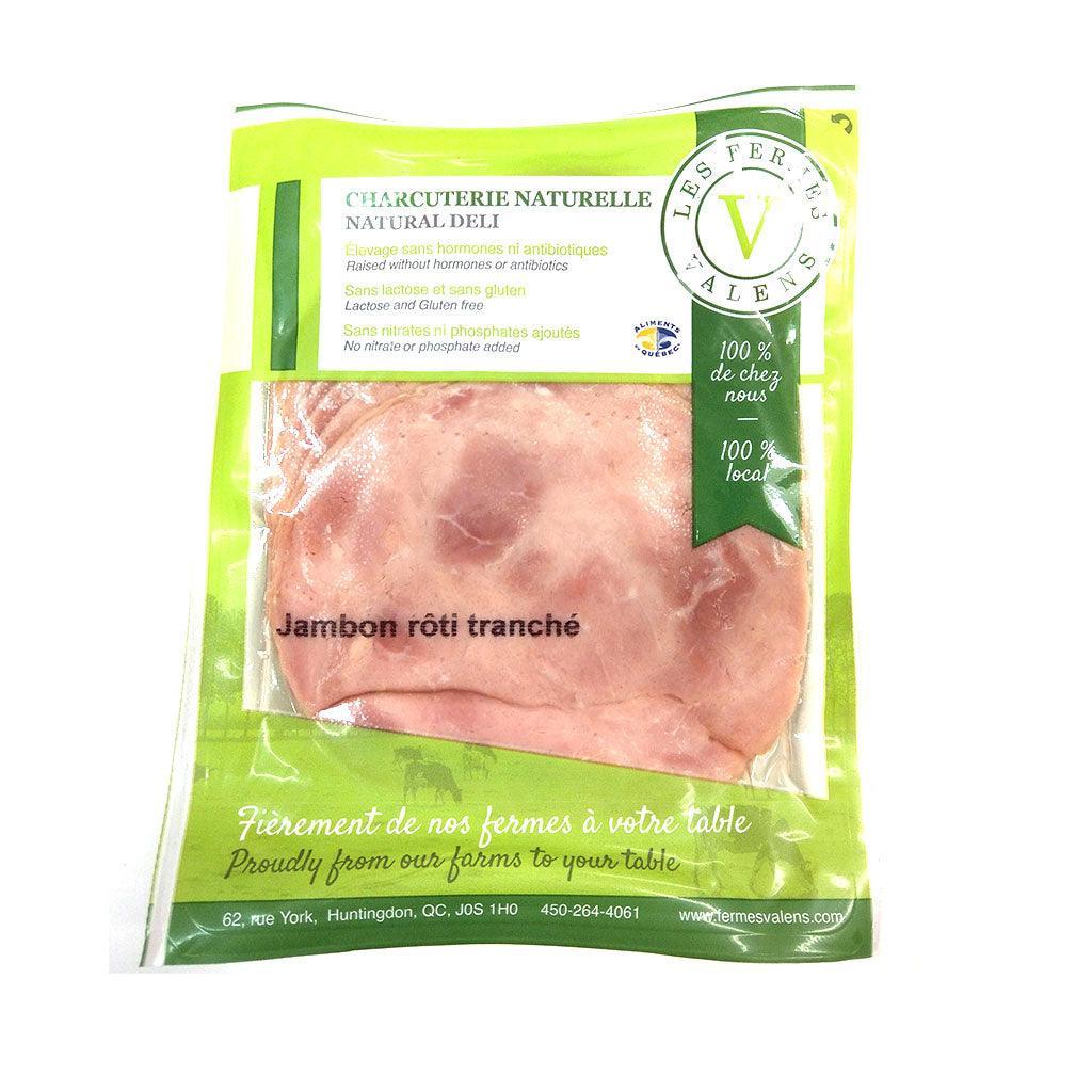 A package of Les Fermes Valens sliced roast ham, featuring thinly sliced, ready-to-eat ham in sealed, branded packaging.