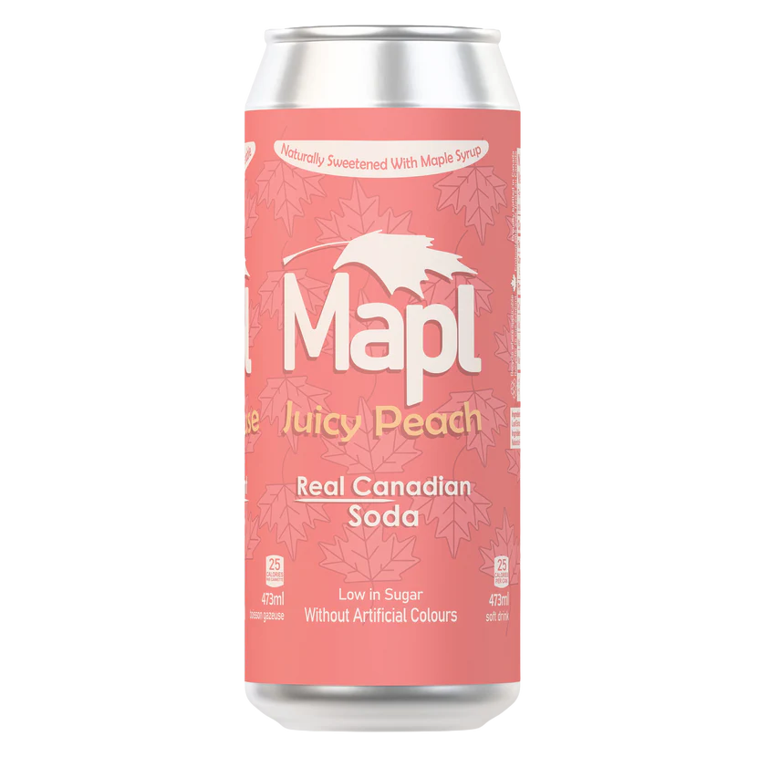 A can of MAPL SODA juicy peach soft drink, naturally sweetened with maple and featuring a fruity peach profile.
