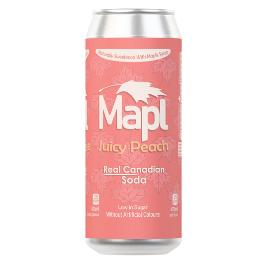A can of MAPL SODA juicy peach soft drink, naturally sweetened with maple and featuring a fruity peach profile.
