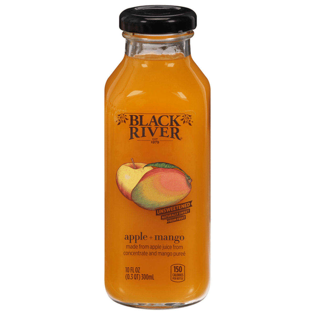 A bottle of Black River pure juice Apple Mango, featuring a fresh fruit blend in a clear bottle with branded labeling.