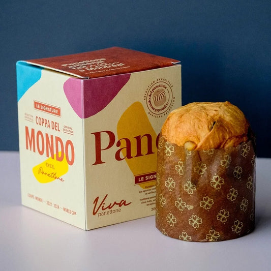 A VIVA traditional panettone (200g), featuring a small, festive Italian sweet bread with a golden crust and dried fruit pieces in branded packaging.