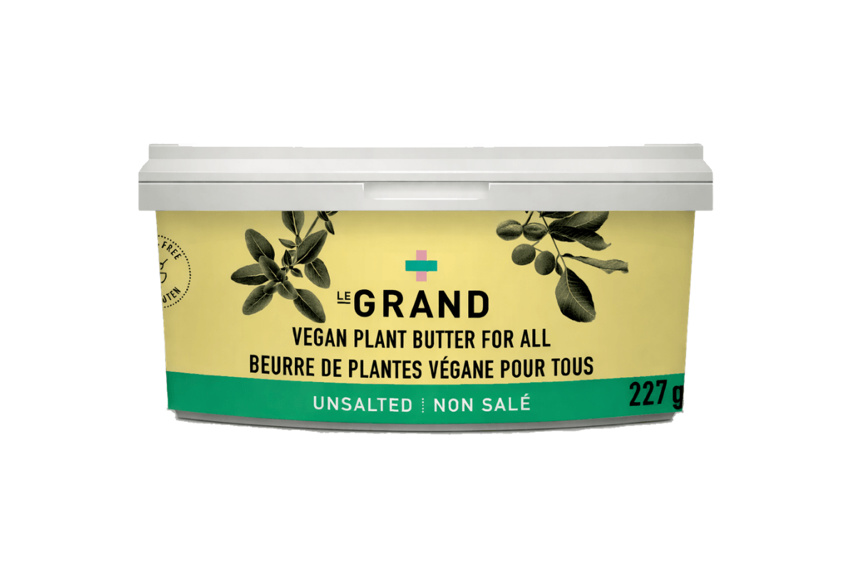 A container of Maison LeGrand unsalted vegan butter, featuring a smooth, plant-based spread in branded packaging.