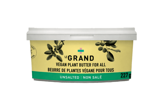 A container of Maison LeGrand unsalted vegan butter, featuring a smooth, plant-based spread in branded packaging.