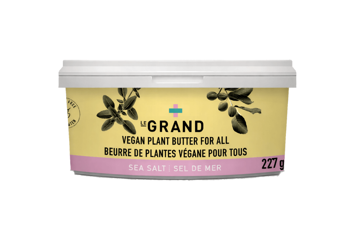 A container of Maison LeGrand vegan butter, featuring a smooth, plant-based spread in branded packaging.