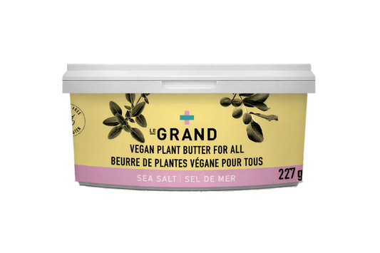 A container of Maison LeGrand vegan butter, featuring a smooth, plant-based spread in branded packaging.