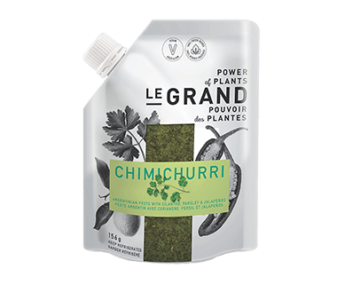 A bag of Maison LeGrand chimichurri pesto, featuring a vibrant green herb-based sauce in branded packaging.