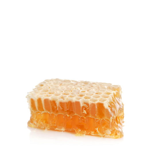 A square chunk of honeycomb on a white surface