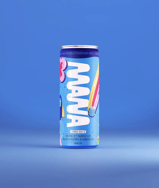 A can of MANA organic yerba maté energizing infusion Blackberry & Hibiscus, showcasing a vibrant, floral and berry-infused energizing drink.