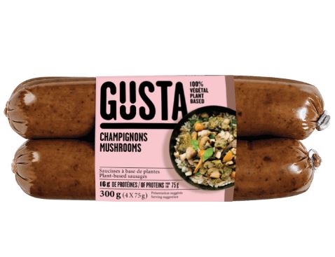 A package of Gusta Mushroom Forestière vegan sausages, showcasing a plant-based sausage with rich, earthy mushroom flavor.