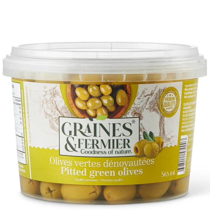 A container of Graines & Fermier olives, featuring whole olives in brine, packaged for snacking or cooking