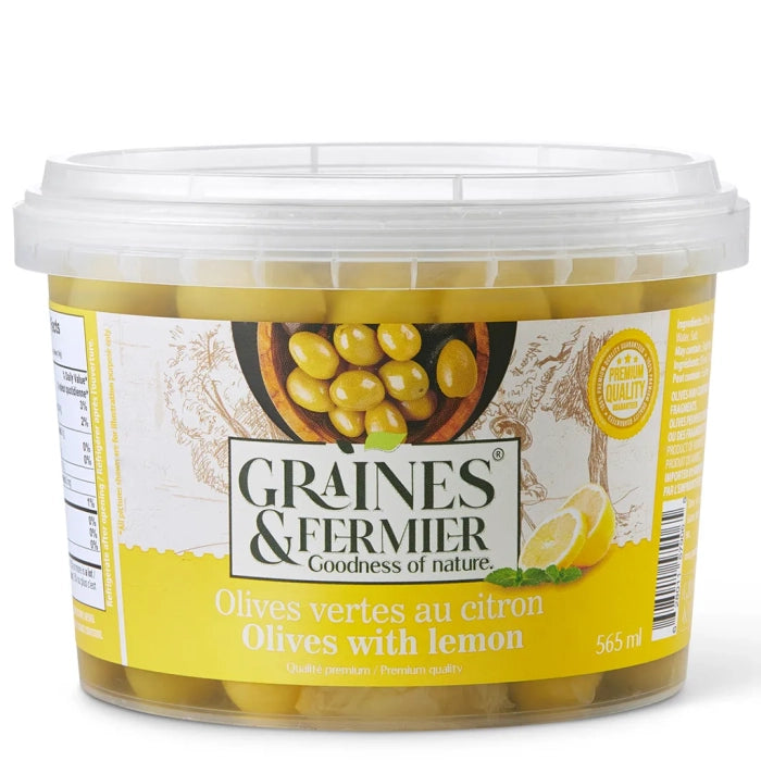 A container of Graines & Fermier green olives with lemon on a white background