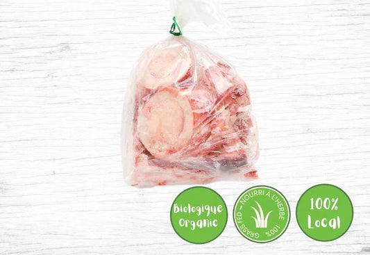 A package of Les Fermes Valens chicken bones, prepared for making homemade broth or stock.