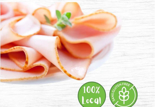 Les Fermes Valens roasted turkey, featuring sliced, ready-to-eat turkey