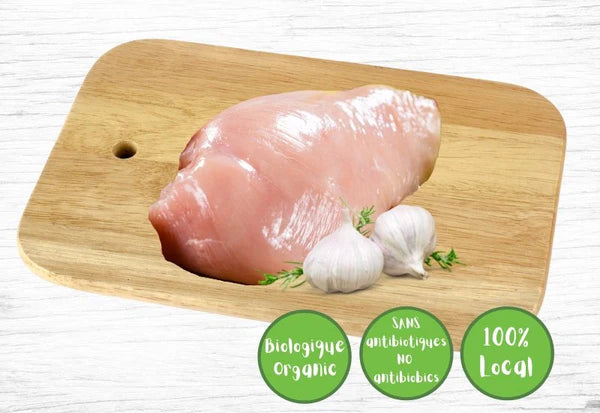 Les Fermes Valens frozen organic chicken breasts, featuring individually portioned chicken