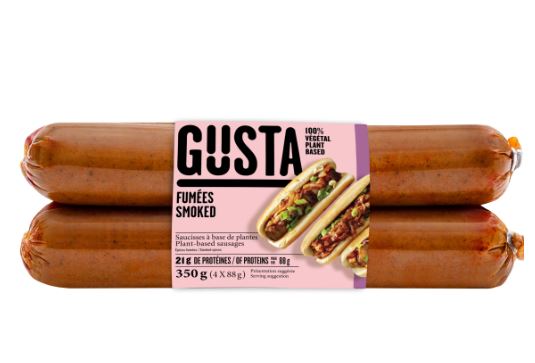 A package of Gusta Montréalaise plant-based vegan sausages, featuring a spicy, smoky flavor inspired by Montreal-style seasoning in branded packaging.