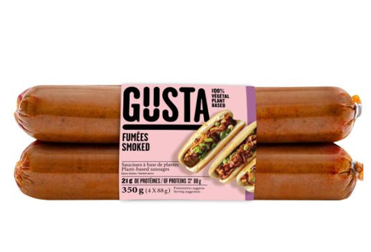 A package of Gusta Montréalaise plant-based vegan sausages, featuring a spicy, smoky flavor inspired by Montreal-style seasoning in branded packaging.