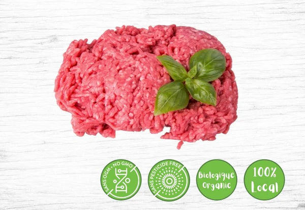 Les Fermes Valens frozen organic lean ground beef, featuring portioned ground meat