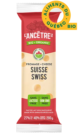 Package of L'Ancêtre Swiss cheese with Quebec Bio logo on a white background