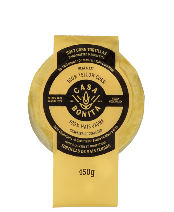 Yellow package of Casa Bonita 100% yellow corn tortillas with black label on a white background