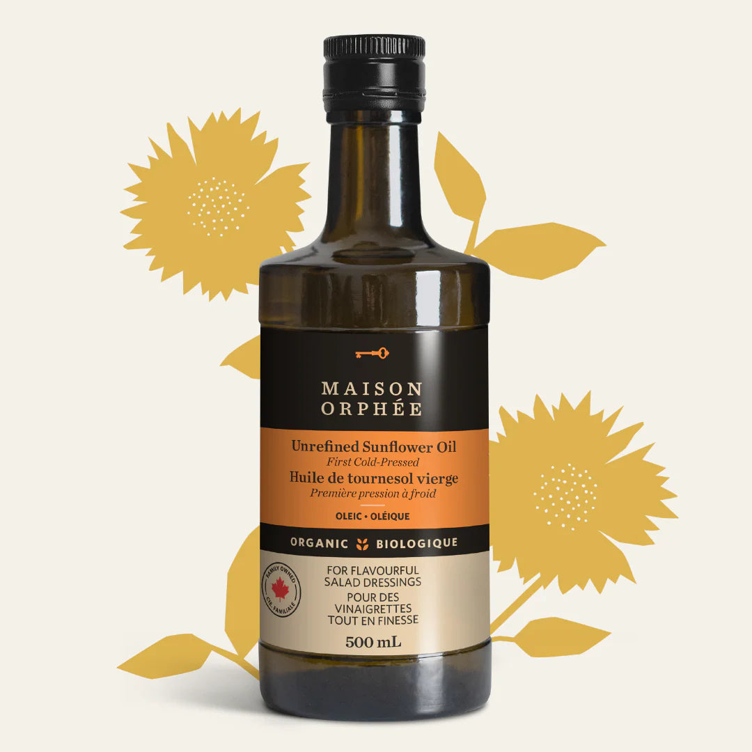 Bottle of Maison Orpheèe sunflower oil with sunflower illustrations on a light background