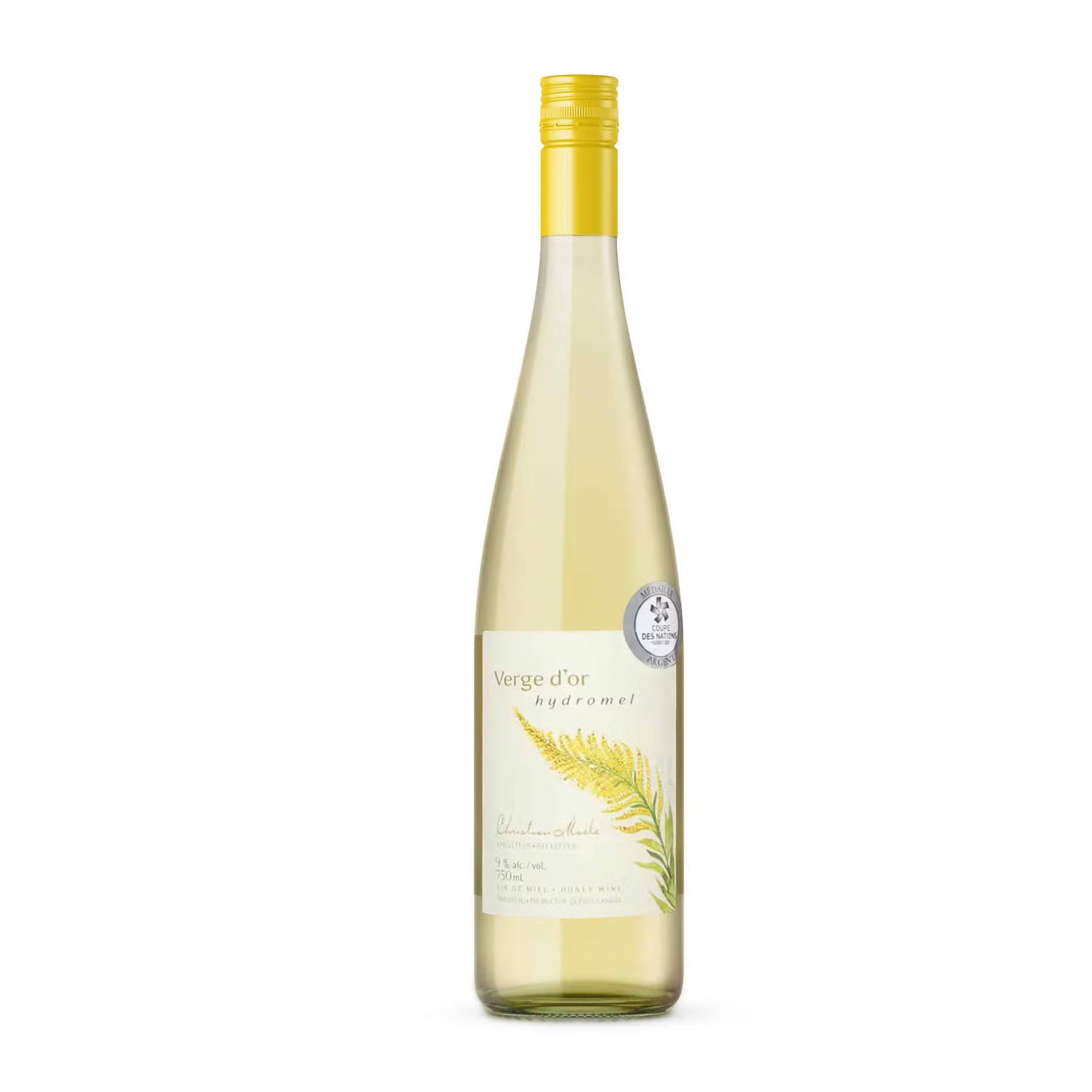 A bottle of hydromel (mead) with a labeled glass container, showcasing a light golden liquid