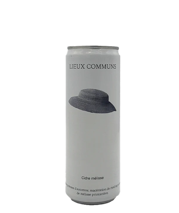 A can of Lieux Communs cider Mélisse, featuring a sparkling apple cider infused with herbal notes.