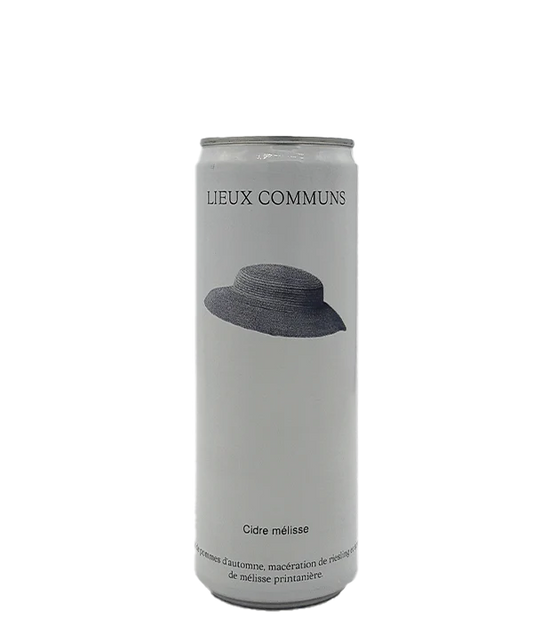 A can of Lieux Communs cider Mélisse, featuring a sparkling apple cider infused with herbal notes.