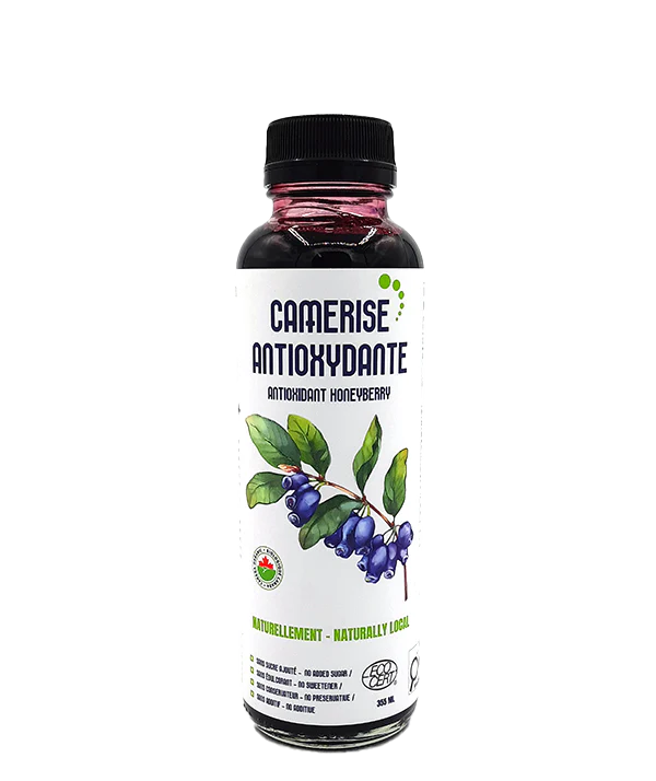 A bottle of Écosoda unsweetened pure honeyberry syrup, featuring a dark berry syrup made from honeyberries in a labeled glass bottle.