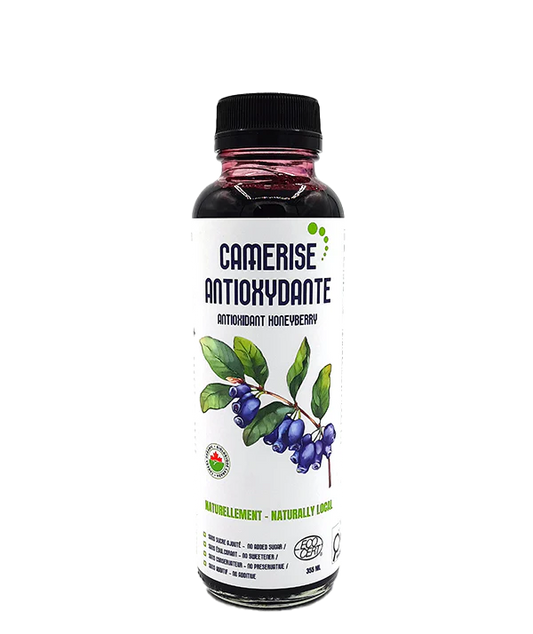 A bottle of Écosoda unsweetened pure honeyberry syrup, featuring a dark berry syrup made from honeyberries in a labeled glass bottle.