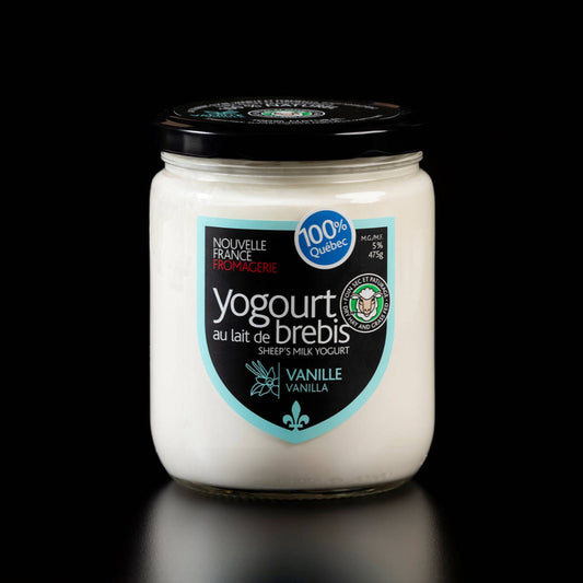 A glass jar of Nouvelle France sheep’s milk yogurt labeled Vanille / Vanilla