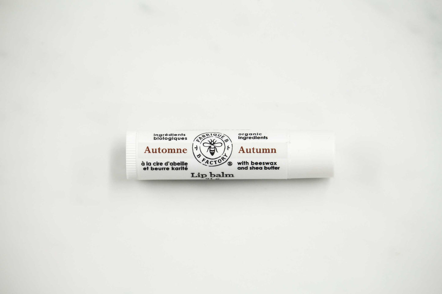 Beeswax lip balm with B Factory logo