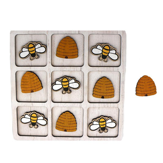 Bee-themed tic-tac-toe game board with bee and hive pieces