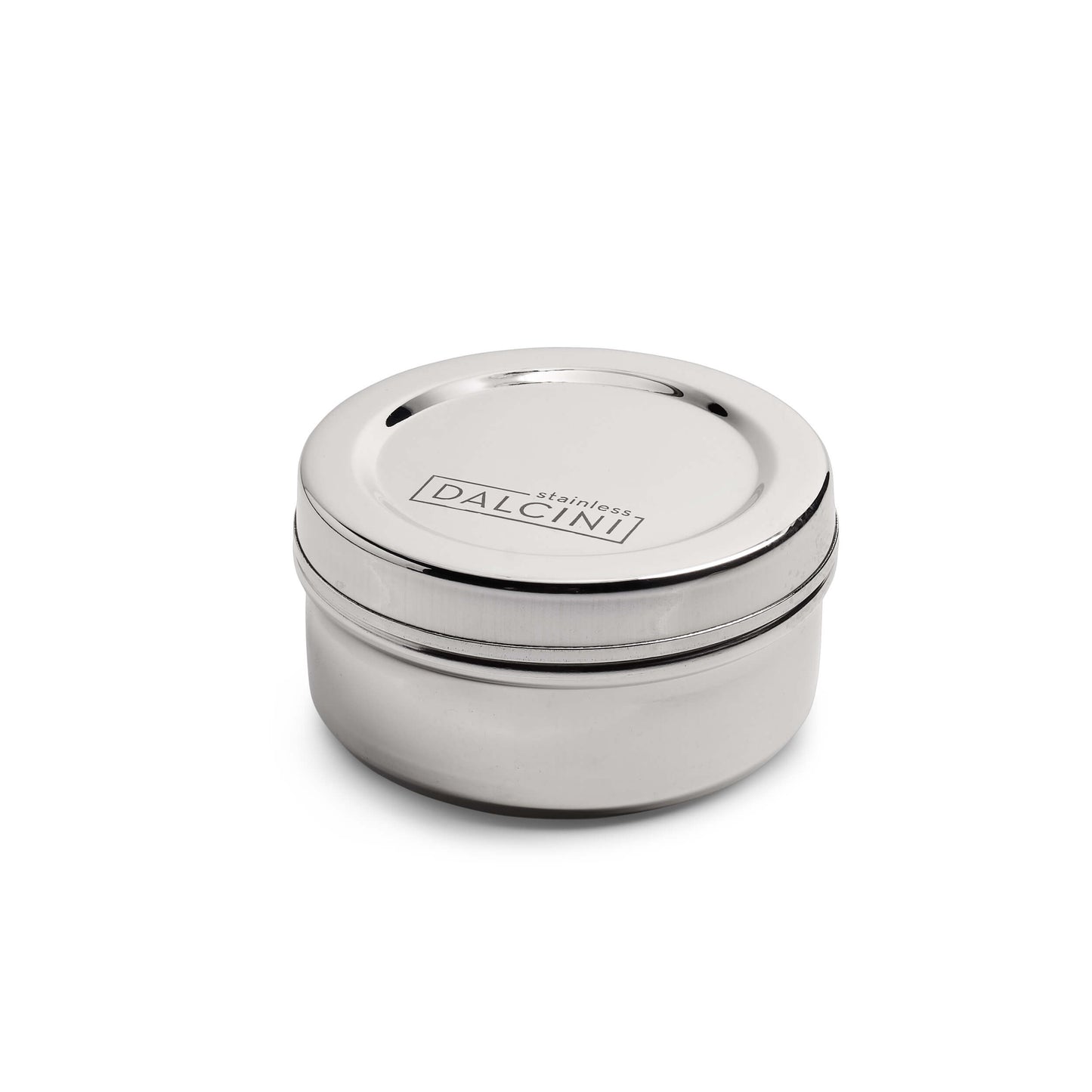 Small, round stainless steel condiment container with closed lid