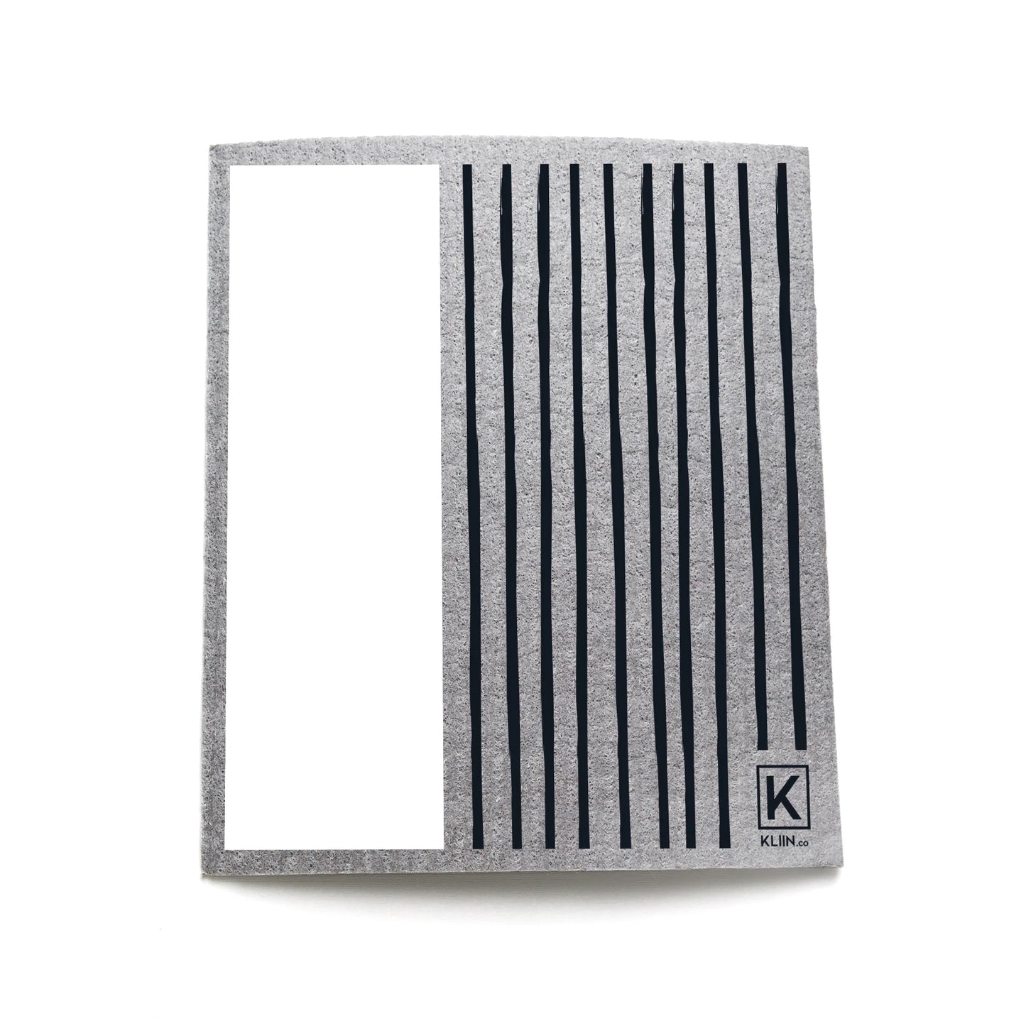 Grey natural-fiber reusable sponge cloth with white block and black vertical stipe design