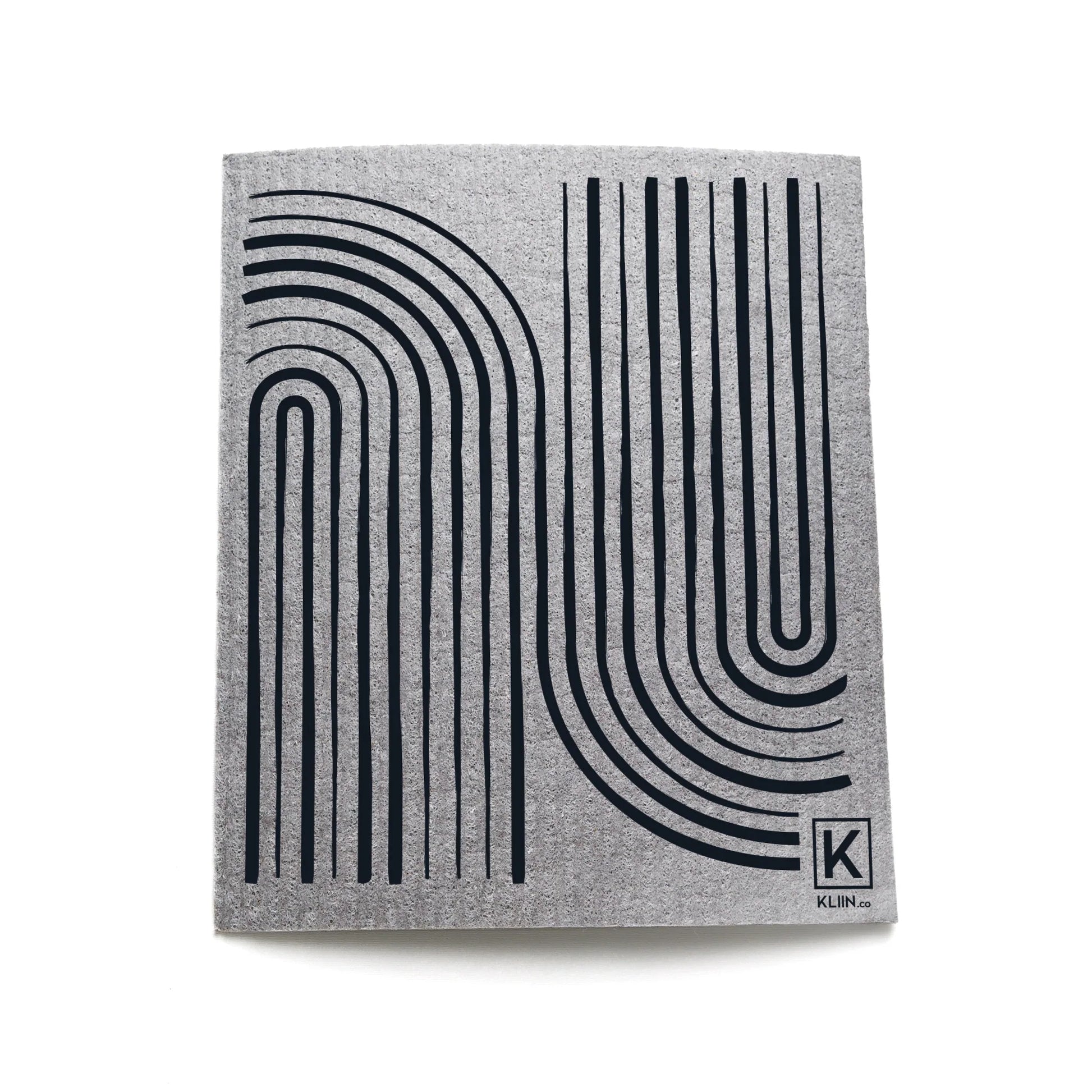 Grey natural-fiber reusable sponge cloth with visual black wave line design