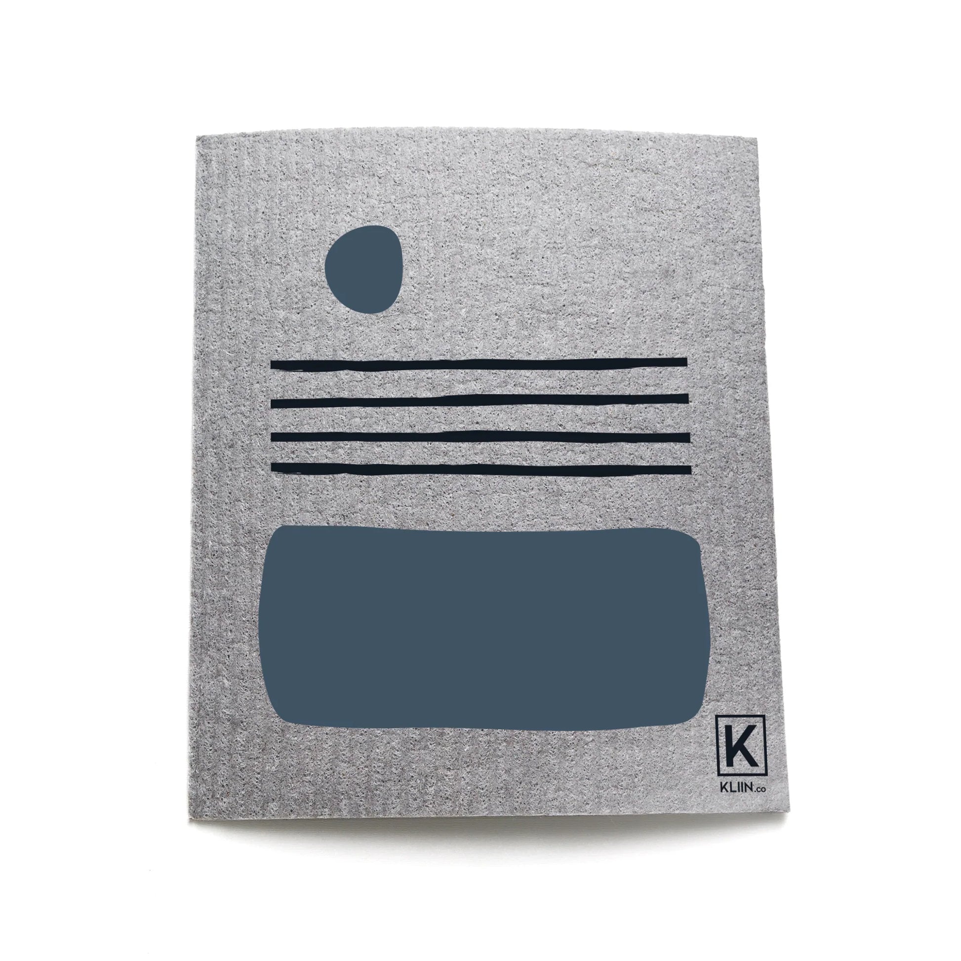 Grey natural-fiber reusable sponge cloth with blue block under 4 black vertical stipes design