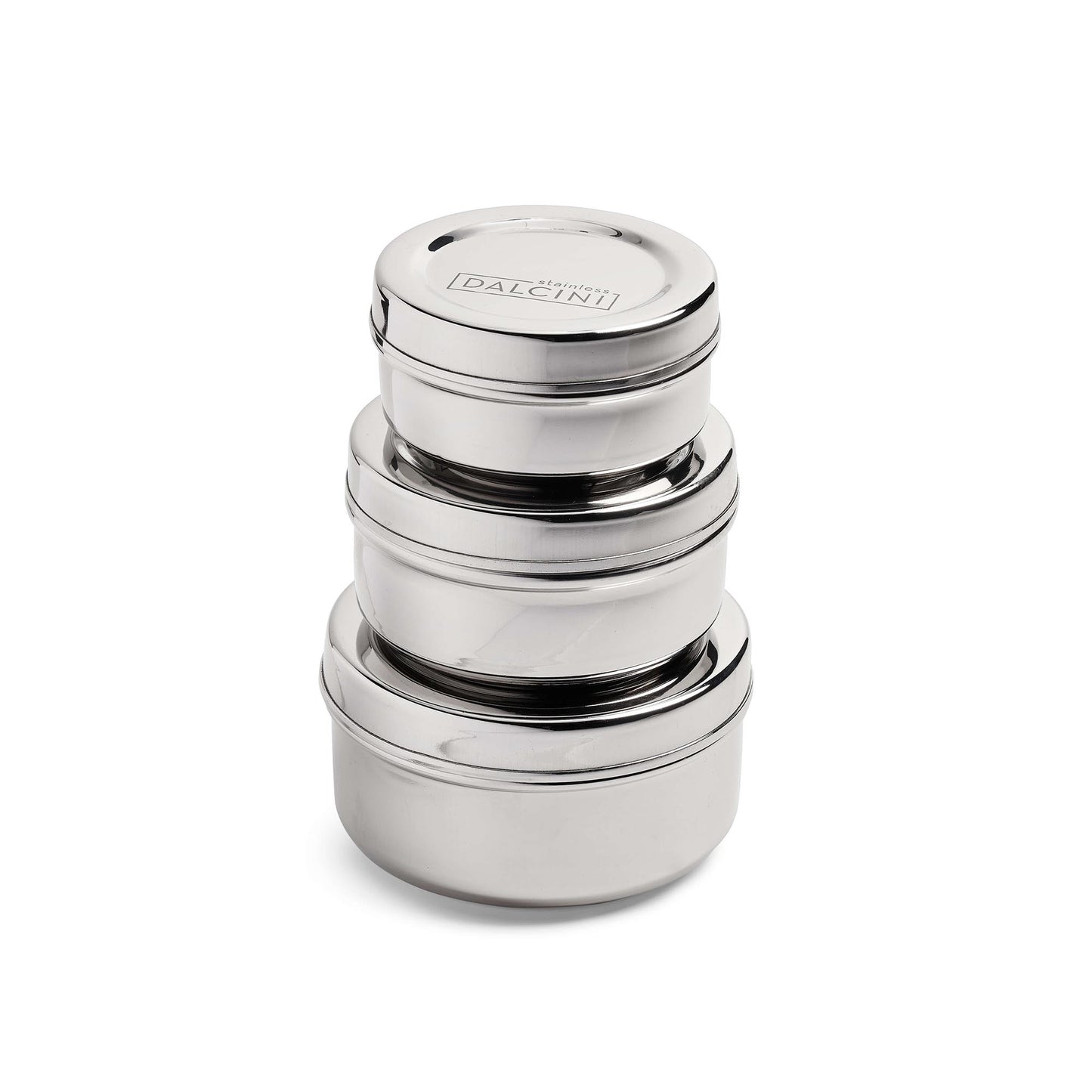 3 round stainless steel snack boxes stacked on top of the other