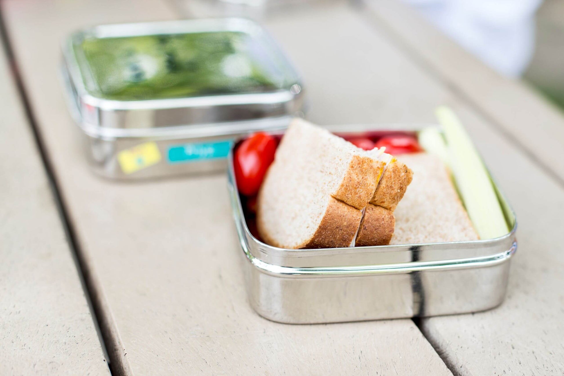 Sandwich and vegetables in square stainless steel sandwich box with lid on picnic table