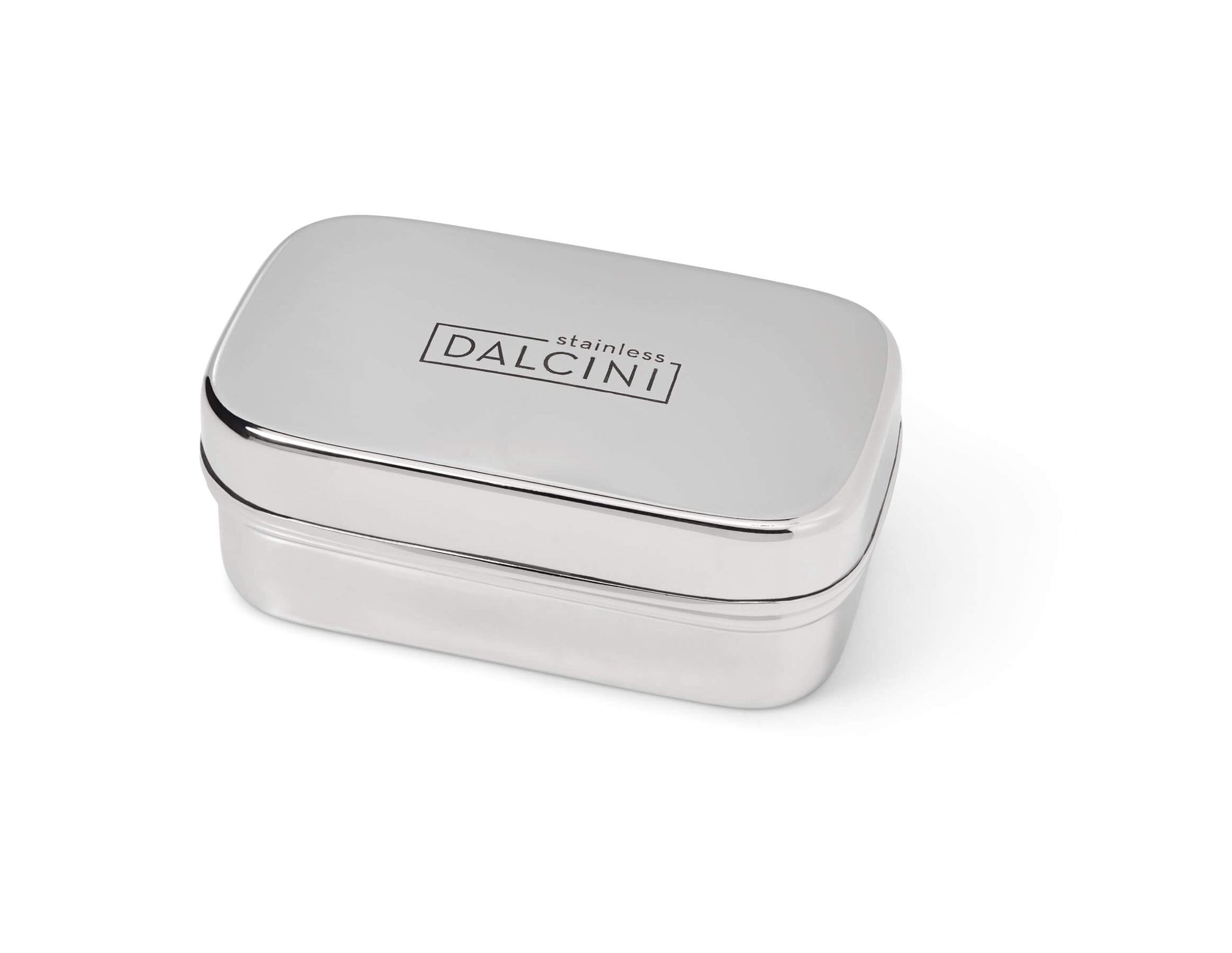 Closed food-grade stainless steel soap dish with Dalcini written on lid