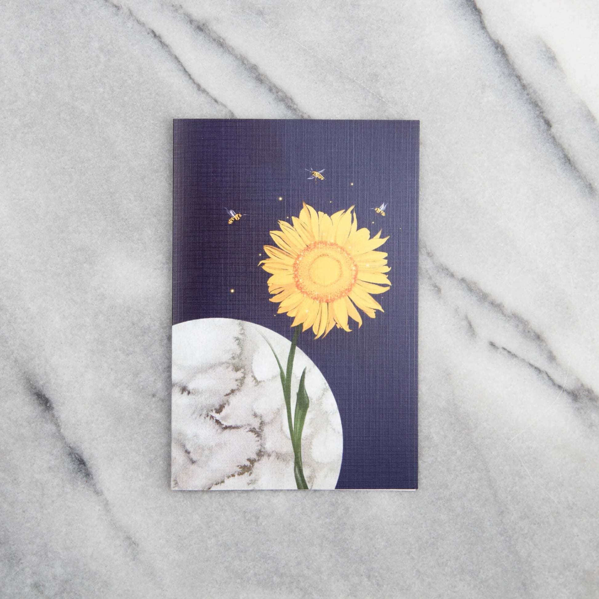 Greeting card with sunflower and honeybees on blue background