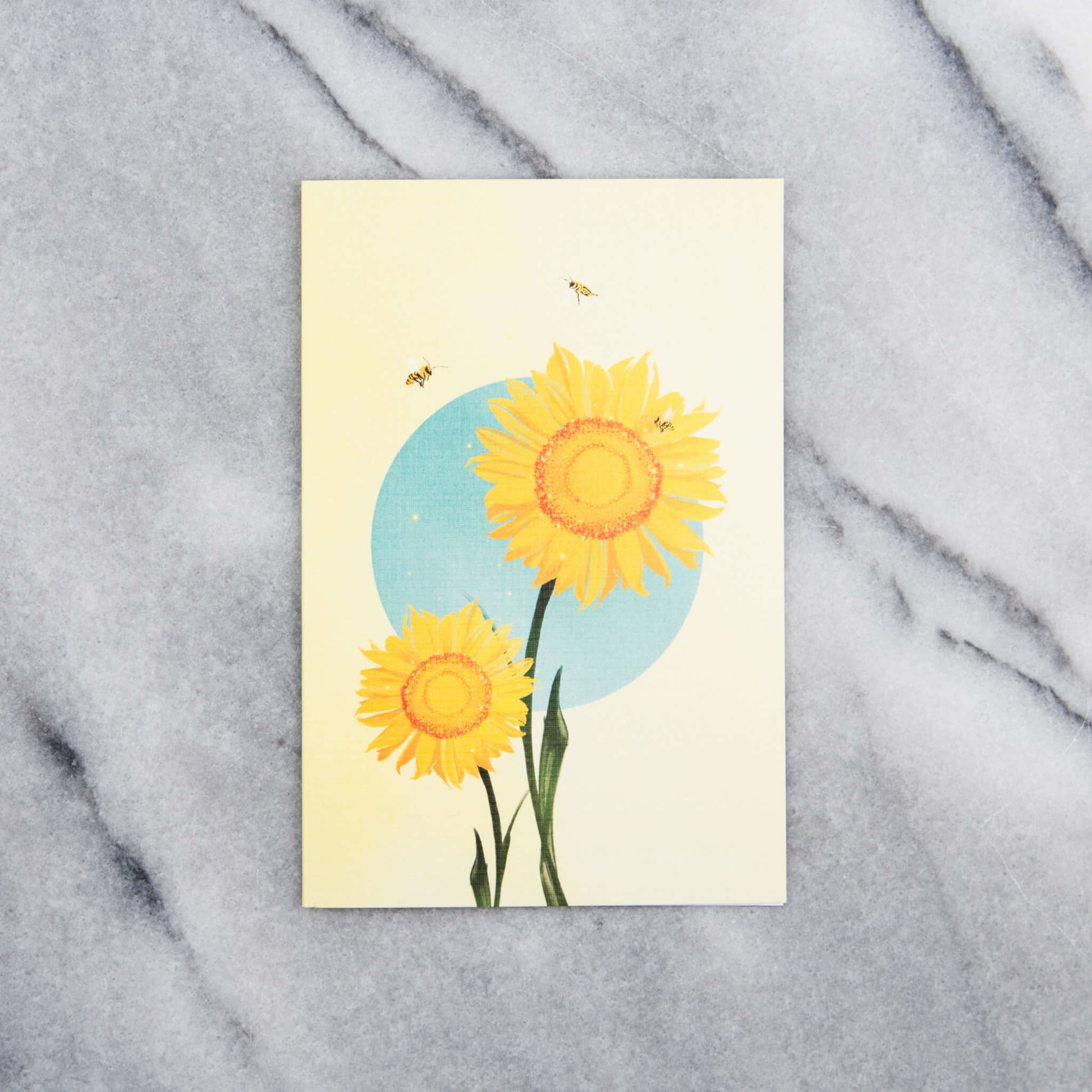 Greeting card with sunflowers and honeybees on yellow background