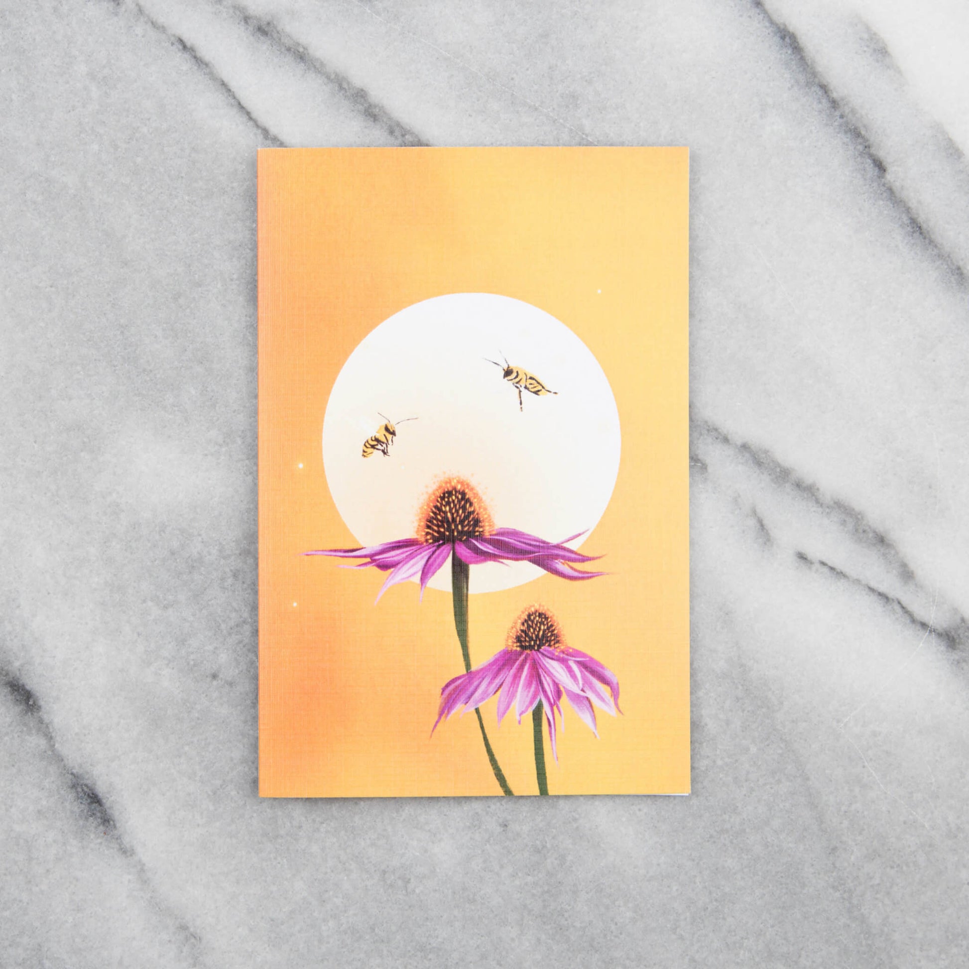 Greeting card with echinacea flower and honeybees on yellow background