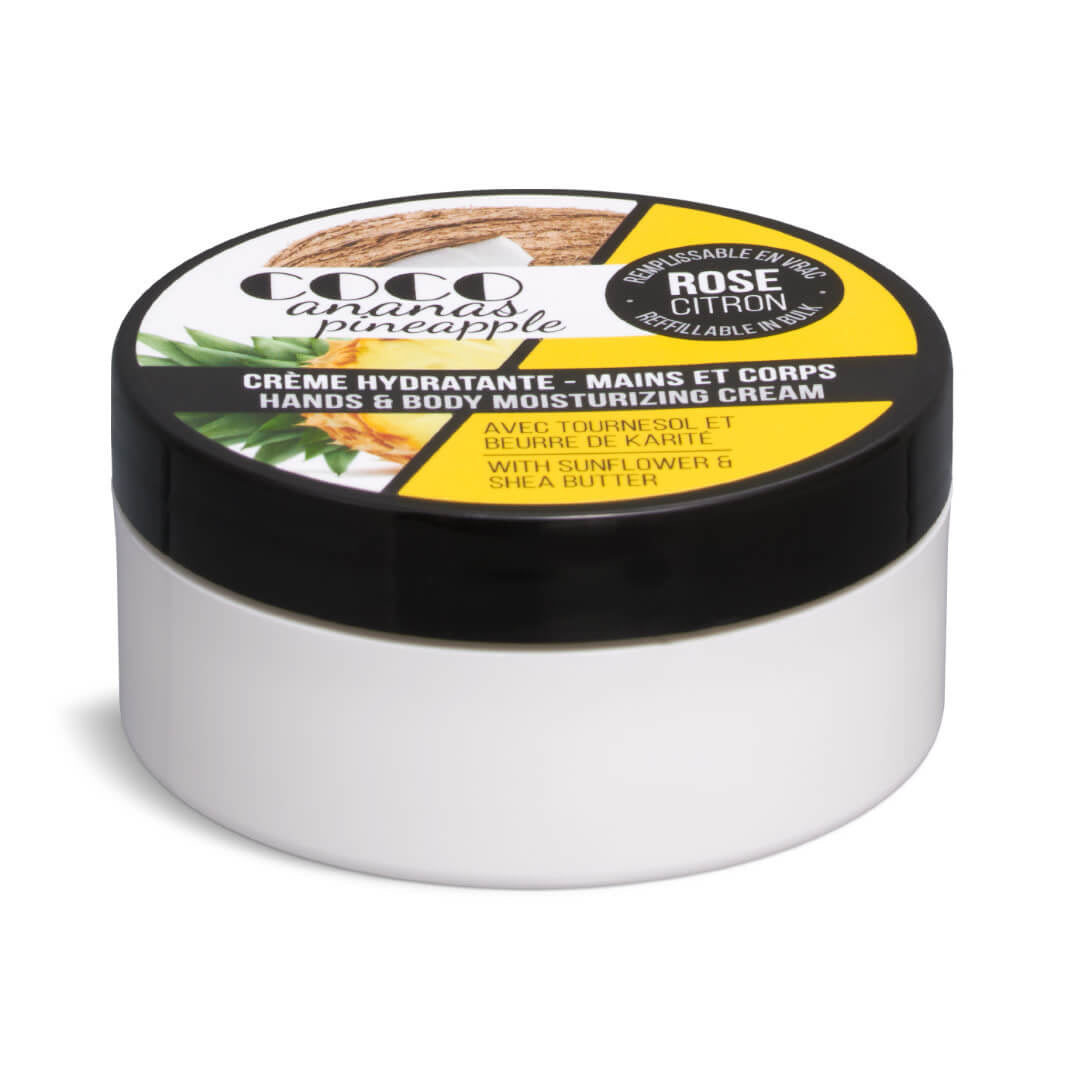Tub of hydrating coconut pineapple cream for hands and body by Rose Citron