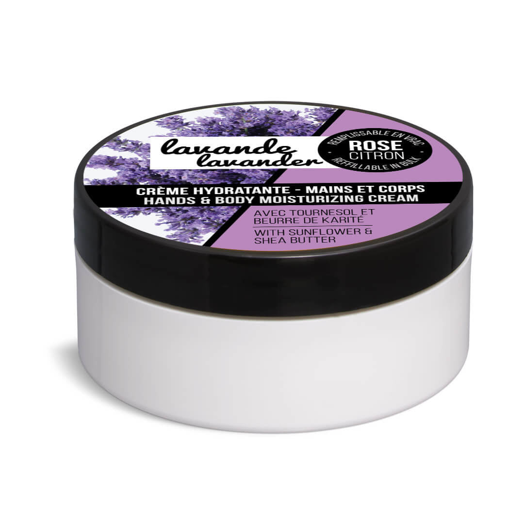 Tub of hydrating lavender cream for hands and body by Rose Citron
