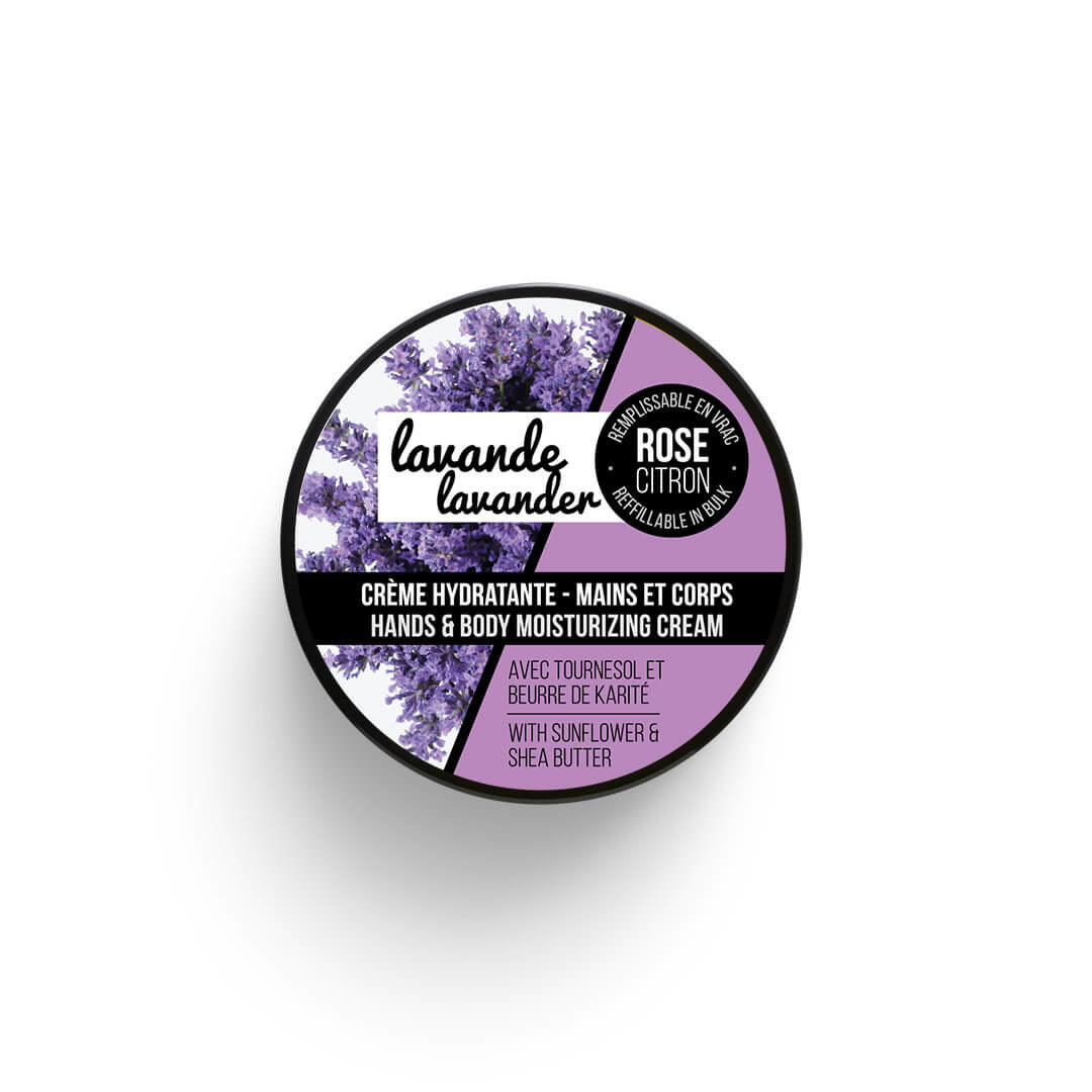 Tub of hydrating lavender cream for hands and body by Rose Citron